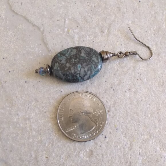 Unique Crazy Lace Agate Earrings - Darker Blue Gray - Gunmetal Black Hardware - Picture 3 of 6